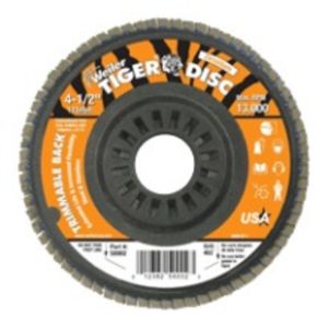 FLAP DISC, TIGER ZIRCONIA 4-1/2 60ZG, ANGLED TRIMMABLE BACKING, 5/8-11 UNC NUT, 50007