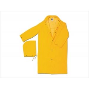 RAIN COAT, 2 PIECE PVC/POLY YELLOW RAIN COAT CORDUROY COLLAR DETACHABLE DRAWSTRING HOOD SIZE-M, RC2-M